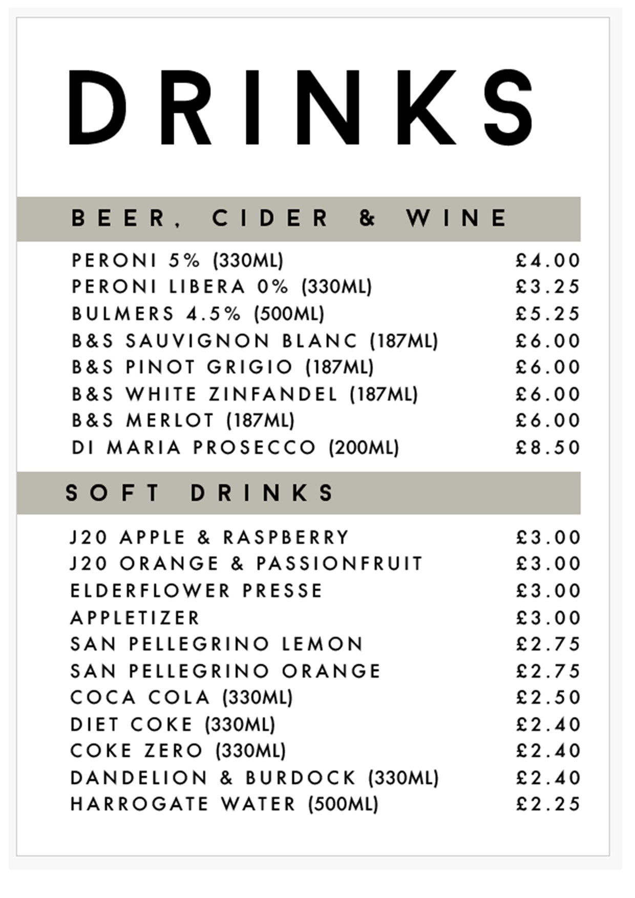 Drinks Menu